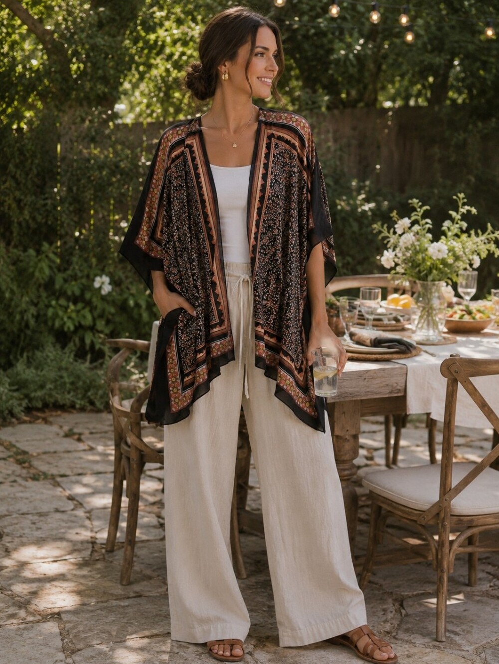 Apt. 9 Medallion Print Topper Open-front Longline Kimono Bohemian Women's O/S